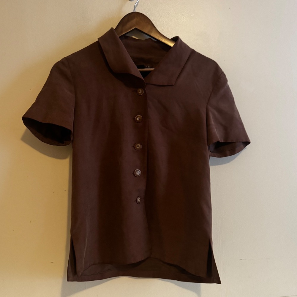 VTG 90s Women's Sz 6 Brown 100% Silk Short Sleeve Button Down Blouse Fall